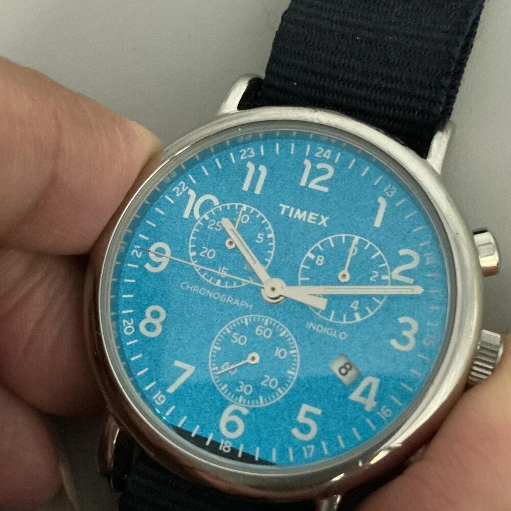 Timex Indiglo Chronograph Mens Watch 40mm Blue Dial Blue Date New Battery